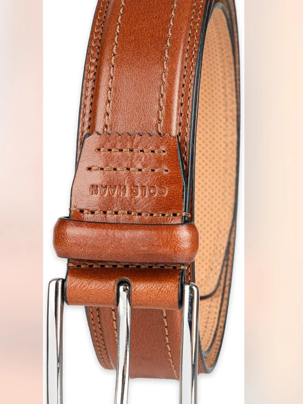 Cole Haan mens Stitched Leather Dress Belt Tan, size 44, NWT